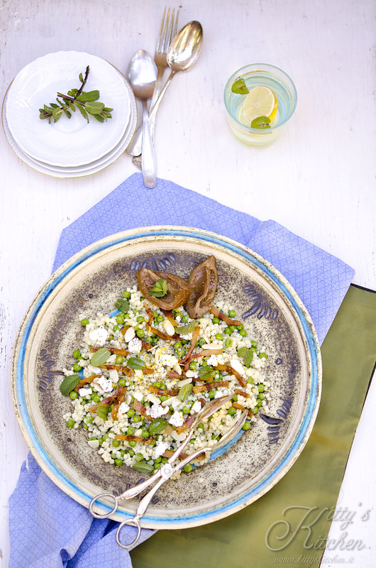 Fregola salad con bacon, baby peas and limoni confit