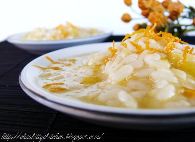 Risotto con zucca bianca, fonduta di taleggio e arancia