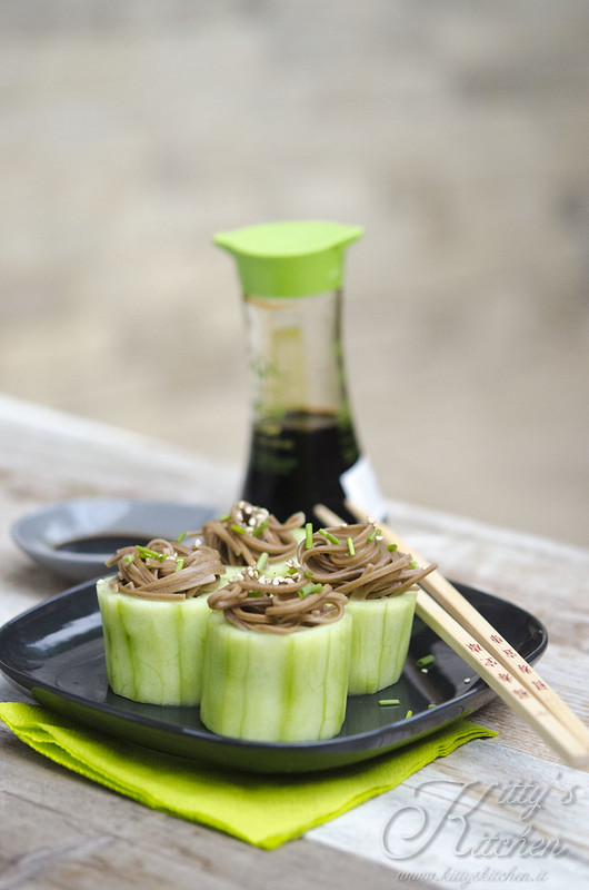 Soba noodle in cucumber cup