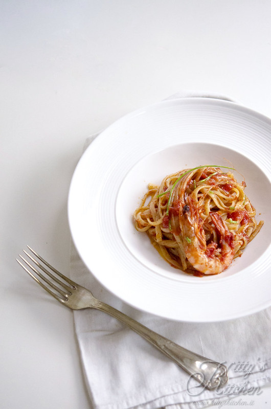 Trenette con gamberi, marsala e erba cipollina